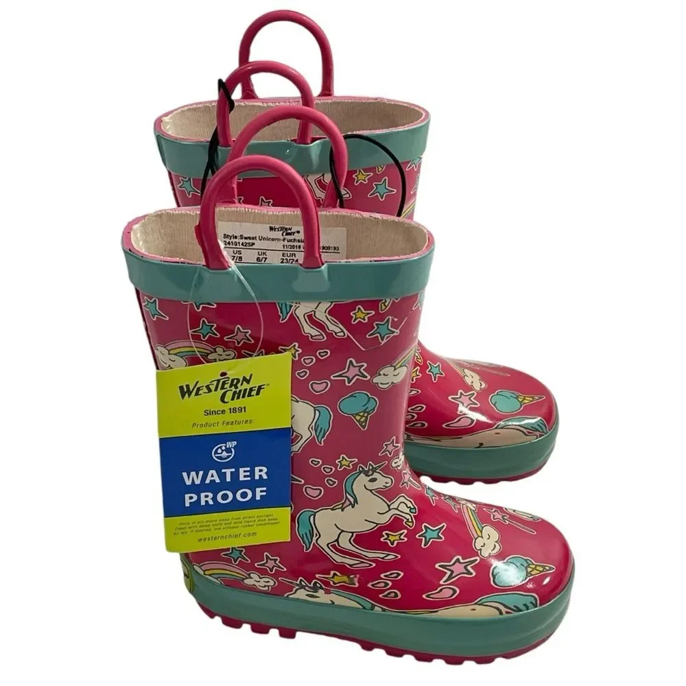 NWT Western Chief Girls Fuchsia Pink Sweet Unicorn Rain‎ Boots Size 7/8 Shoes